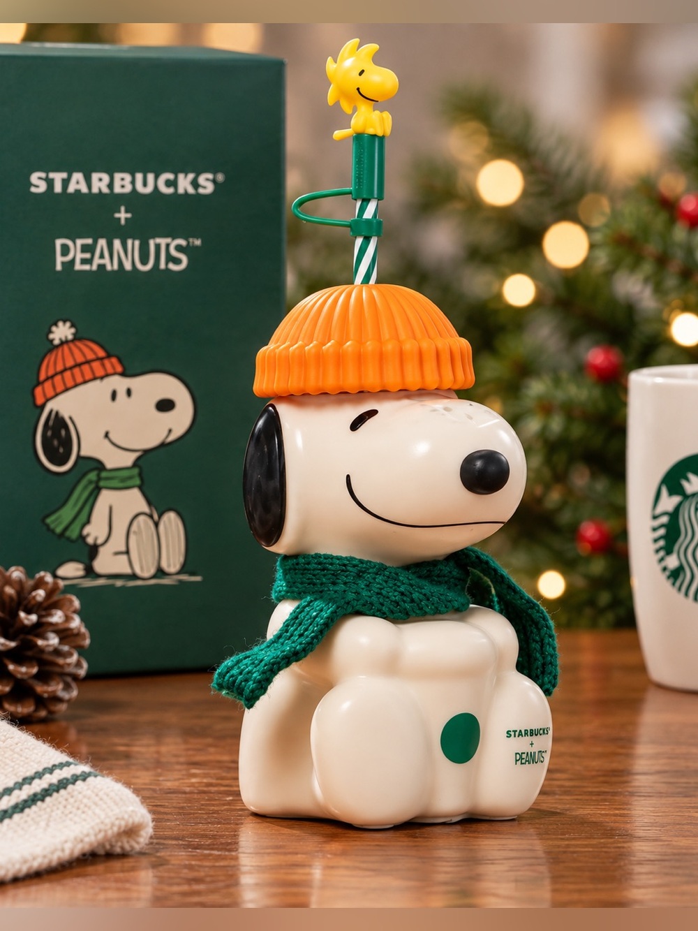 NWT Starbucks x Peanuts Snoopy Glass COLD Cup with Woodstock Straw, Scarf & Hat